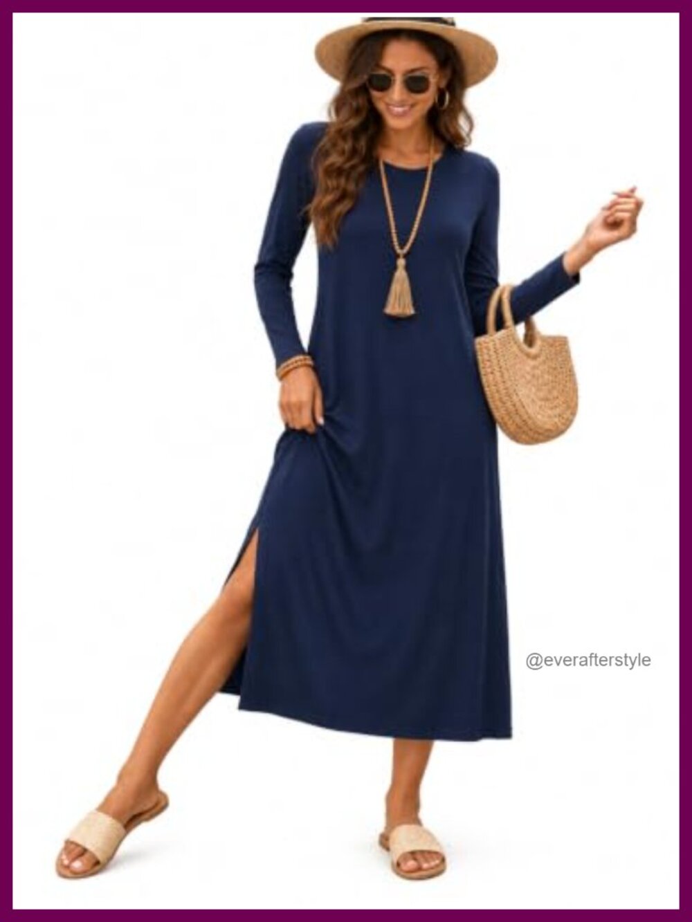 Women Crew Neck Long Sleeve Slit Bodycon Midi Dress